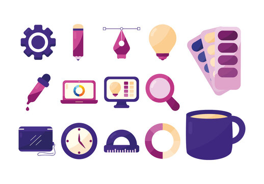 Colorful  Design Process Creativity Tools Office Illustration Set