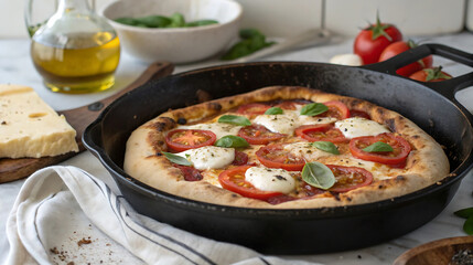 Homemade margherita pizza in a cast iron skillet on marble table
