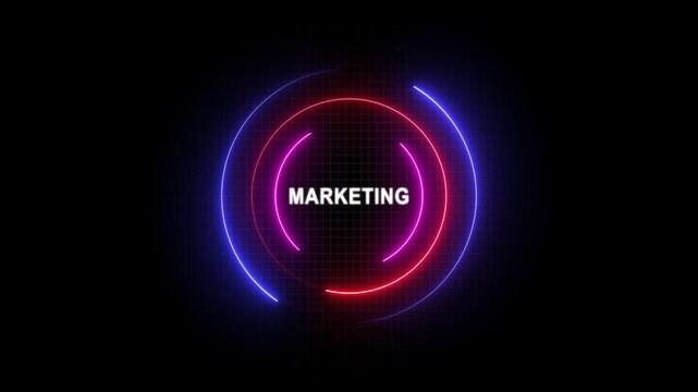 Neon marketing text effect. Technology background with glowing circular badge.