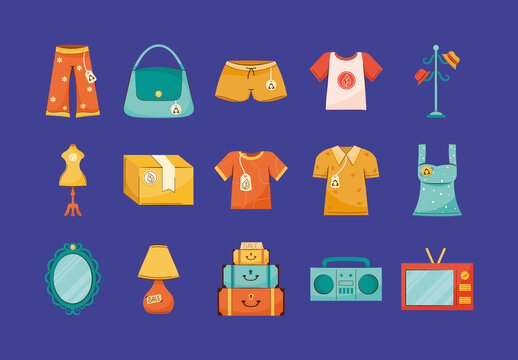 Colorful Clothes Accessories Home Decor Flea Market Illustrations Set