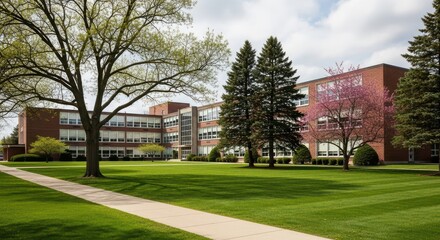 Beautiful Brick Building Surrounded by Lush Greenery and Blooming Trees