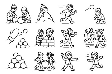 Fototapeta premium Joyful winter kids aiming fight snowball icons throwing snowballs vector icon snow