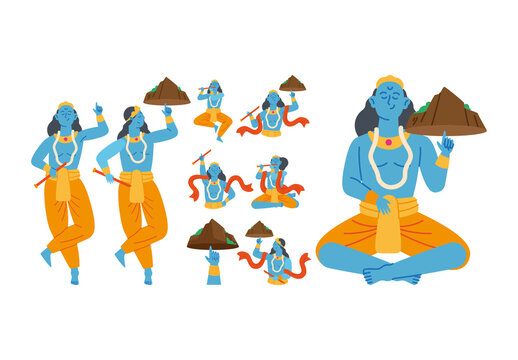Colorful Krishna Govardhan Hindu Mythology Illustrations Set