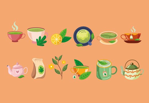 Colorful Tea Cup Herbal Drink Illustrations Set