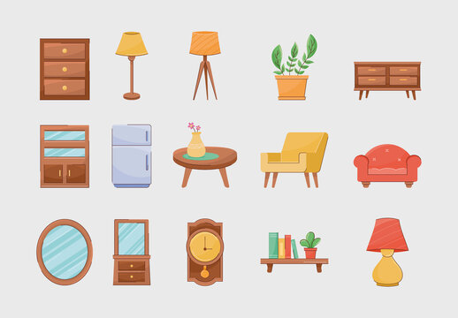 Colorful House Furniture Decor Things Illustrations Set