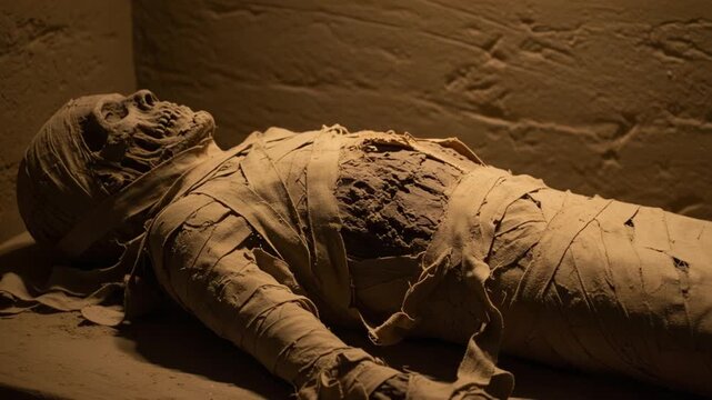 Unearthed Secrets: Discovering the Mysteries of an Ancient Mummy Lying in a Dimly Lit Chamber Awaiting Exploration and Study of Its Historical Significance and Preservation