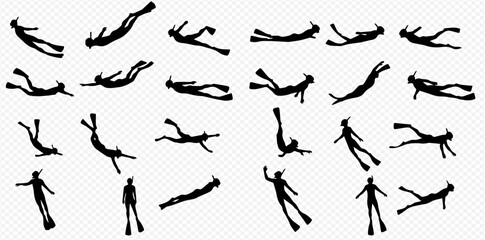 Collection of black silhouettes depicting divers and swimmers in various underwater poses with fins.