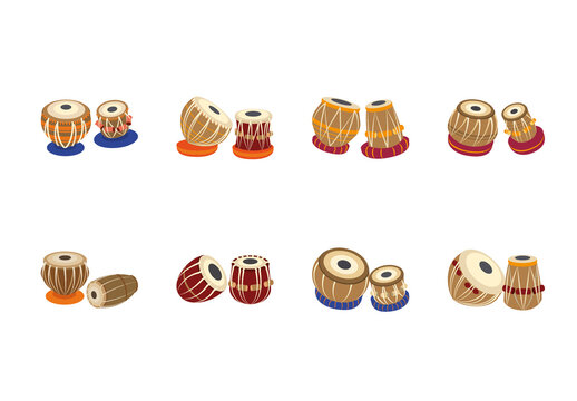 Brown And Red Indian Classical Tabla Drum Music Illustrations Set