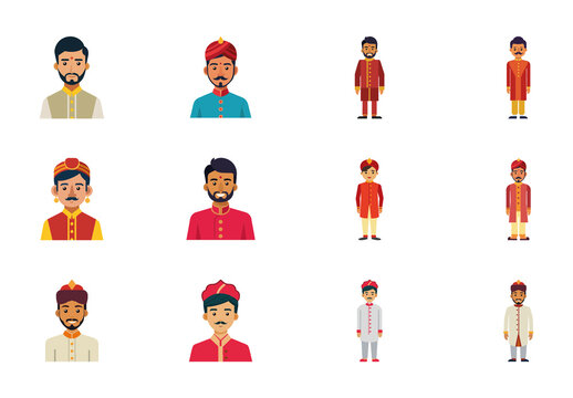 Colorful Indian Groom Traditional Outfit Illustrations Set