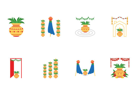 Colorful Indian Housewarming Kalash Decoration Illustrations Set