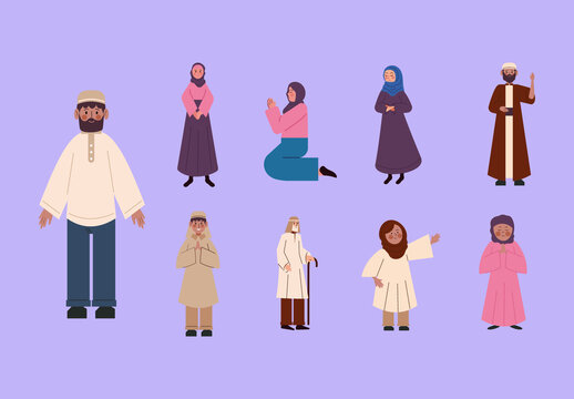 Colorful Islam People Character Illustration Set
