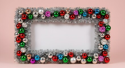 Christmas Frame with Ornaments on Pink Background