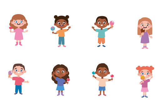 Colorful Kids Eating Candies Illustrations Set