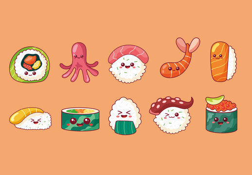 Colorful Kawaii Japanese Food Illustrations Set