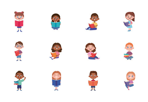 Colorful Kids Reading Education School Study Illustrations Set