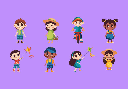 Colorful Kids Wearing Spring Illustration Set