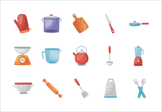 Colorful Kitchen Cooking Tools Illustrations Set