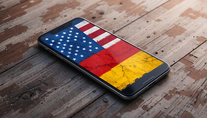 Smartphone Screen Featuring American and German Flags on a Wooden Background