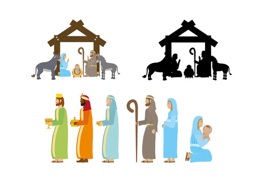 Colorful Manger Nativity Scene Religious Characters Illustration Set
