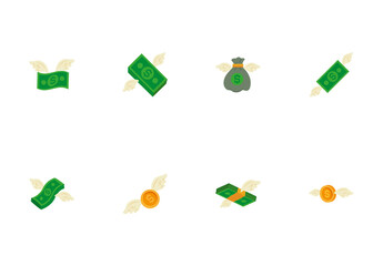 Green And Yellow Flying Money Dollar Illustrations Set