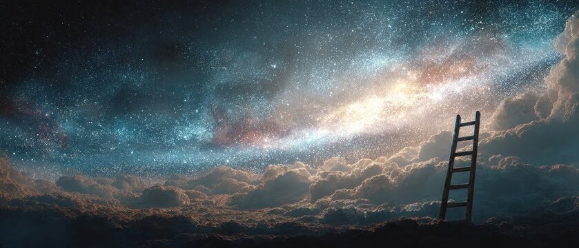 Ladder to the Stars - Dreamy Nightscape with Celestial Clouds and Hopeful Ascent.