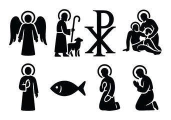 Christian symbols silhouette icon set. featuring angel, shepherd, chi-rho, good samaritan, fish, prayer