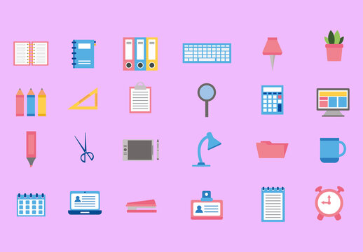 Colorful Office Supplies Stationery Illustrations Set