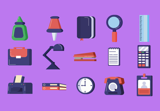 Colorful Office Supplies Stationery Work Illustrations Set