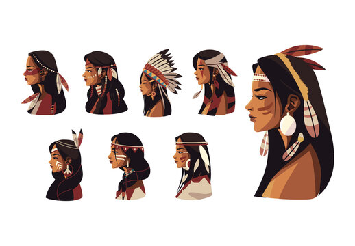Colorful Native American Indigenous Girl Portrait Illustrations Set