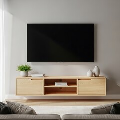A light wooden wall-mounted entertainment center houses a large flat-screen television in a modern, minimalist living room setting.