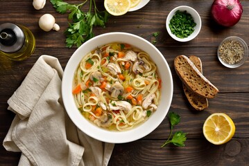 Diet chicken noodle soup with vegetables