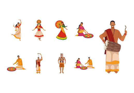 Colorful Onam Festival Dance Tradition Illustration Set