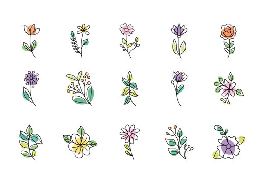 Colorful Flowers Leaves Branches One Line Icons Set