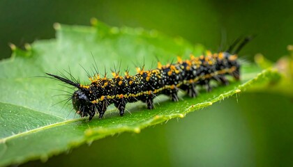 Fototapeta premium Close-up of a black and orange caterpillar on a leaf