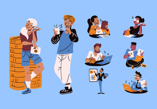 Colorful People Calculating Taxes Illustration Set