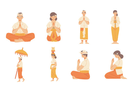 Colorful People Nyepi Ceremony Illustration Set