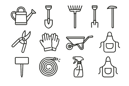Rake garden icon watering tools shears wheelbarrow hoe spray vector hose