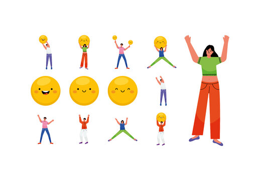 Colorful Smile Happiness Emoji Joyful People Illustrations Set