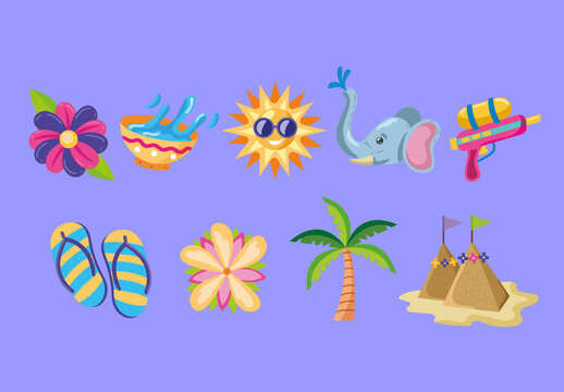 Colorful Songkran Summer Festival Illustrations Set