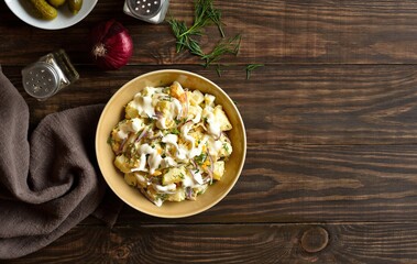 Warm potato salad with egg, pickle, red onion with mayonnaise and yogurt dressing