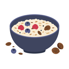 A dark blue bowl filled with creamy oatmeal topped with fresh blueberries, raspberries, almonds, and seeds, with a few almonds and blueberries scattered around the bowl.