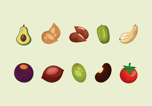 Colorful Superfoods Healthy Nutrition Illustrations Set