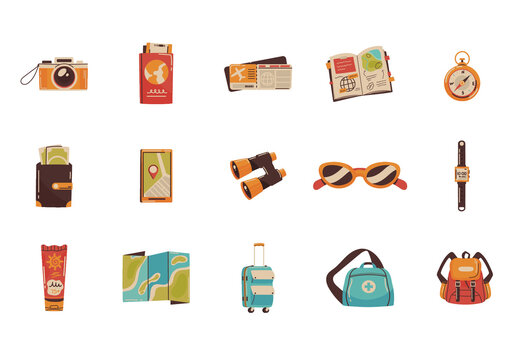 Colorful Tourism Travel Vacation Essentials Set