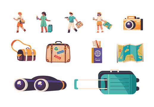 Colorful Tourist Travel Adventure Illustrations Set