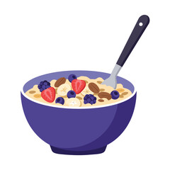 A vibrant purple bowl filled with healthy oatmeal, topped with fresh strawberries, blueberries, banana slices, blackberries, and almonds, with a spoon.