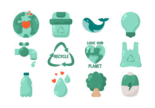 Green And Blue Ecology Recycling Illustrations Set