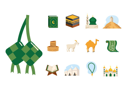 Green And Yellow Umrah Kaaba Mosque Islam Religion Icons Set