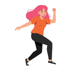 A happy young woman with vibrant pink hair and a joyful expression is dancing and celebrating.