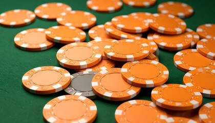 Orange and grey casino chips on a green felt table