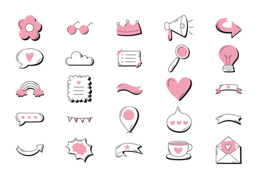 Pink And White Hand drawn Cute Decorative Icons Set